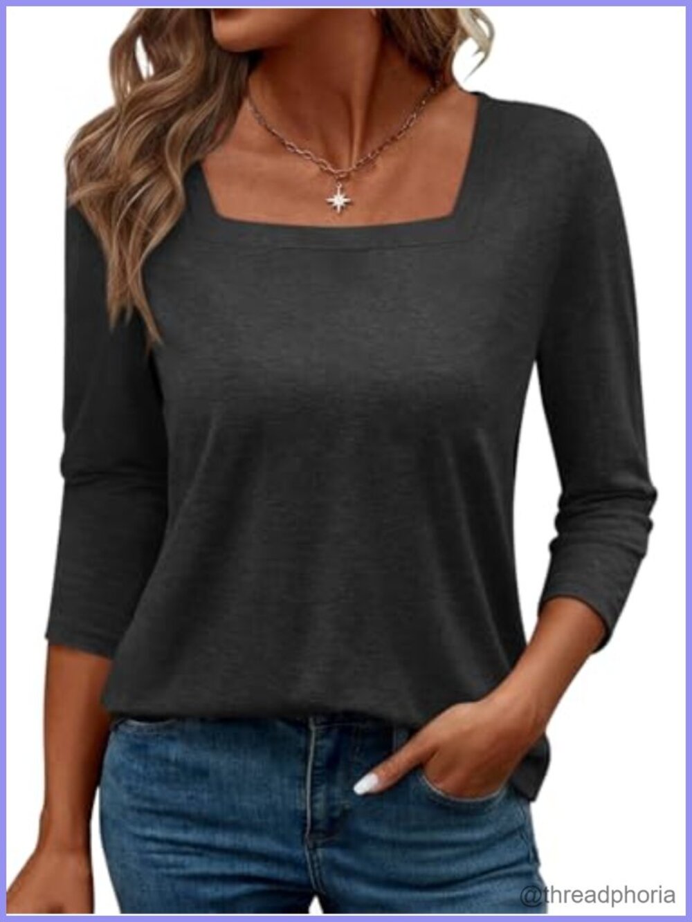 Womens Square Neck 3/4 Sleeve Tunic Top Cotton Blend Loose Fit Casual Summer